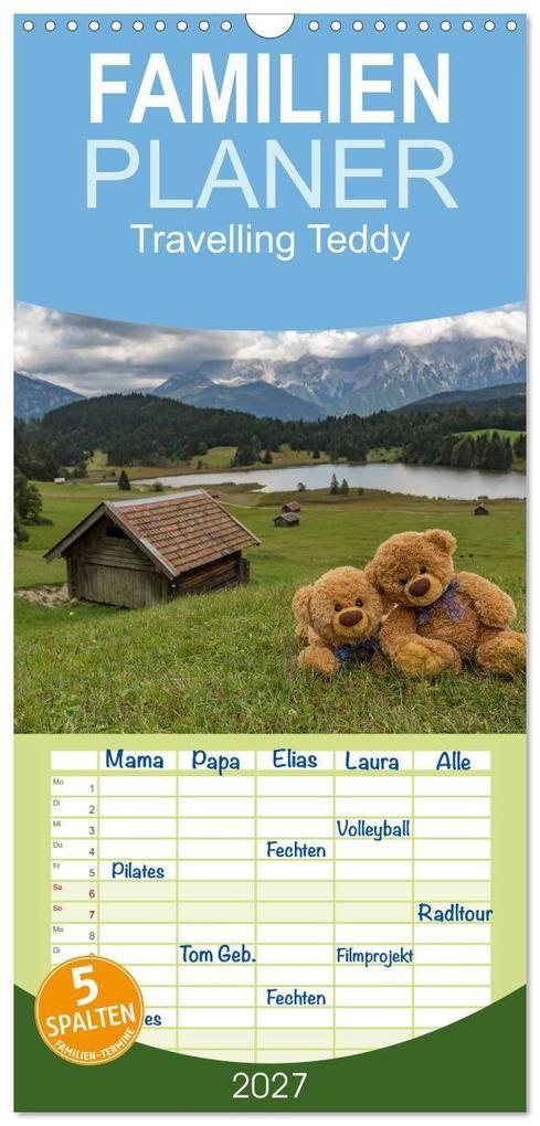 Familienplaner 2027 - Travelling Teddy mit 5 Spalten (Wandkalender 21 x 45 cm) CALVENDO