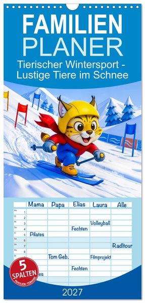Familienplaner 2027 - Tierischer Wintersport - Lustige Tiere im Schnee mit 5 Spalten (Wandkalender 21 x 45 cm) CALVENDO