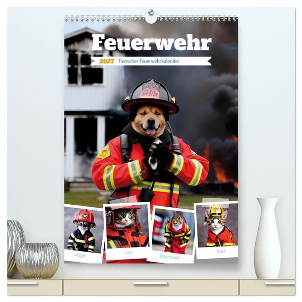 Feuerwehr - Tierischer Feuerwehrkalender (hochwertiger Premium Wandkalender 2027 DIN A2 hoch) Kunstdruck in Hochglanz