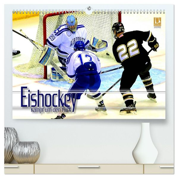 Eishockey - Kampf um den Puck (hochwertiger Premium Wandkalender 2027 DIN A2 quer) Kunstdruck in Hochglanz