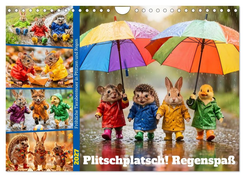 Plitschplatsch! Regenspaß - Fröhliche Tierabenteuer in Pfützen und Regen (Wandkalender 2027 DIN A4 quer) CALVENDO Monatskalender