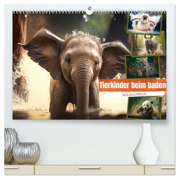 Tierkinder beim baden (hochwertiger Premium Wandkalender 2027 DIN A2 quer) Kunstdruck in Hochglanz