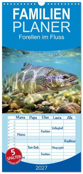 Familienplaner 2027 - Forellen im Fluss mit 5 Spalten (Wandkalender 21 x 45 cm) CALVENDO