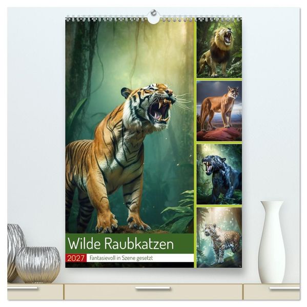 Wilde Raubkatzen (hochwertiger Premium Wandkalender 2027 DIN A2 hoch) Kunstdruck in Hochglanz