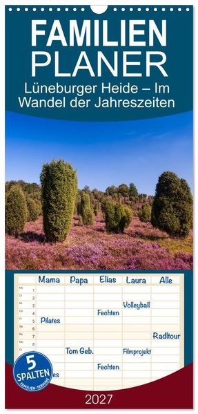 Familienplaner 2027 - Lüneburger Heide - Im Wandel der Jahreszeiten mit 5 Spalten (Wandkalender 21 x 45 cm) CALVENDO