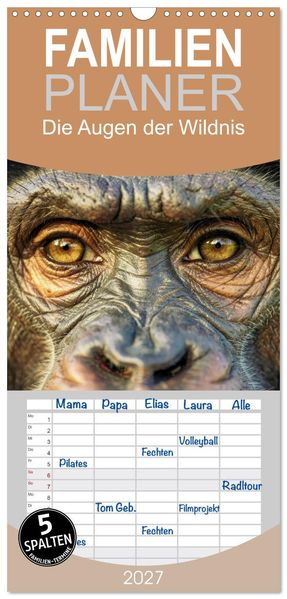 Familienplaner 2027 - Die Augen der Wildnis mit 5 Spalten (Wandkalender 21 x 45 cm) CALVENDO