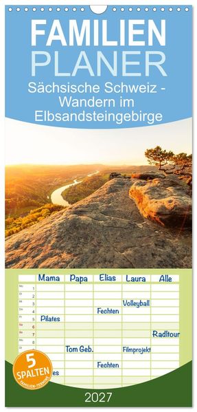 Familienplaner 2027 - Sächsische Schweiz - Wandern im Elbsandsteingebirge mit 5 Spalten (Wandkalender 21 x 45 cm) CALVENDO