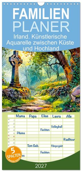 Familienplaner 2027 - Irland. Künstlerische Aquarelle zwischen Küste und Hochland mit 5 Spalten (Wandkalender 21 x 45 cm) CALVENDO