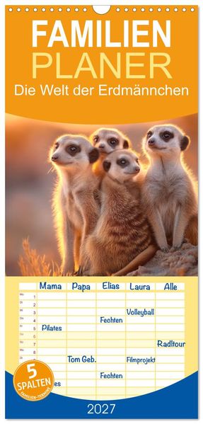 Familienplaner 2027 - Die Welt der Erdmännchen mit 5 Spalten (Wandkalender 21 x 45 cm) CALVENDO