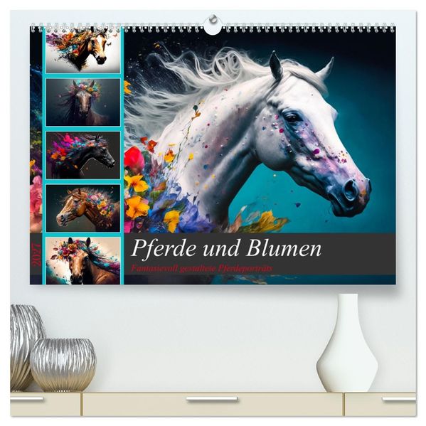 Pferde und Blumen (hochwertiger Premium Wandkalender 2027 DIN A2 quer) Kunstdruck in Hochglanz