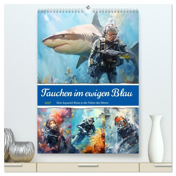 Tauchen im ewigen Blau. Eine Aquarell-Reise in die Tiefen der Meere (hochwertiger Premium Wandkalender 2027 DIN A2 hoch) Kunstdruck in Hochglanz