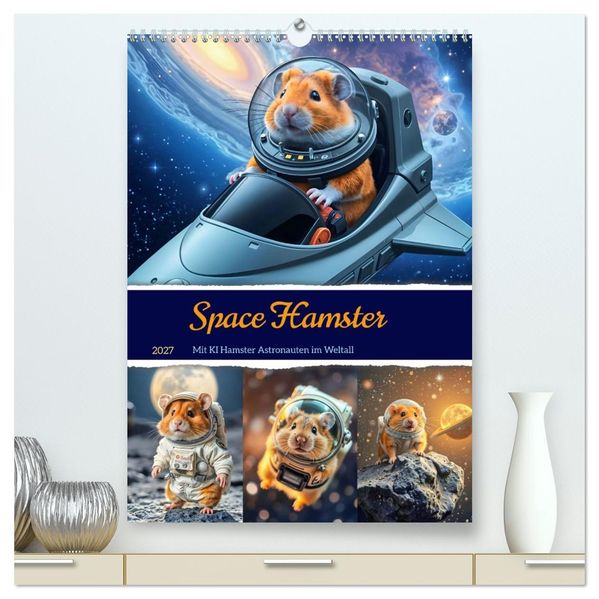 Space Hamster - Mit KI Hamster Astronauten im Weltall (hochwertiger Premium Wandkalender 2027 DIN A2 hoch) Kunstdruck in Hochglanz