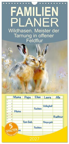 Familienplaner 2027 - Wildhasen. Meister der Tarnung in offener Feldflur mit 5 Spalten (Wandkalender 21 x 45 cm) CALVENDO