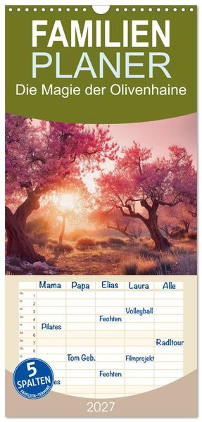 Familienplaner 2027 - Die Magie der Olivenhaine mit 5 Spalten (Wandkalender 21 x 45 cm) CALVENDO
