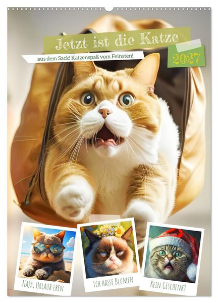 Jetzt ist die Katze aus dem Sack! Katzenspaß vom Feinsten! (Wandkalender 2027 DIN A2 hoch) CALVENDO Monatskalender