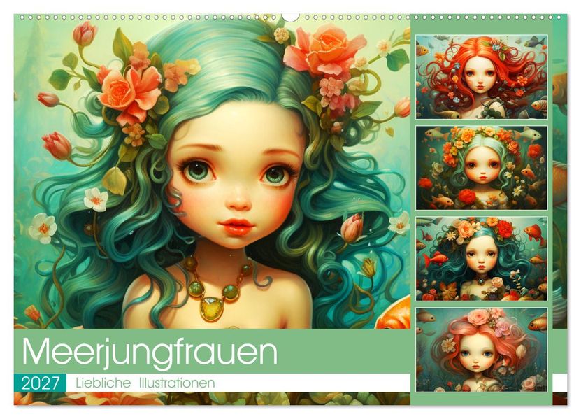 Zauberhafte Meerjungfrauen. Liebliche Illustrationen (Wandkalender 2027 DIN A2 quer) CALVENDO Monatskalender