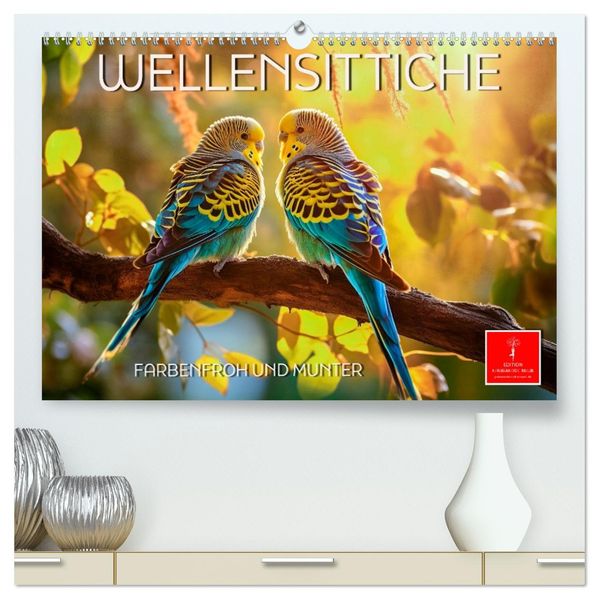 Wellensittiche farbenfroh und munter (hochwertiger Premium Wandkalender 2027 DIN A2 quer) Kunstdruck in Hochglanz