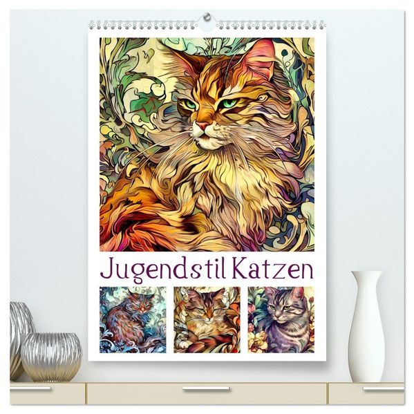 Jugendstil Katzen (hochwertiger Premium Wandkalender 2027 DIN A2 hoch) Kunstdruck in Hochglanz