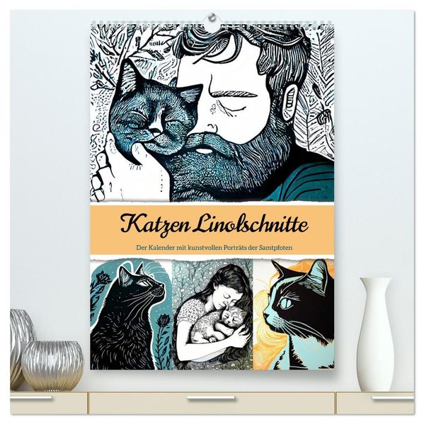 Katzen Linolschnitt - Der Kalender mit kunstvollen Porträts der Samtpfoten (hochwertiger Premium Wandkalender 2027 DIN A2 hoch) Kunstdruck in Hochglanz