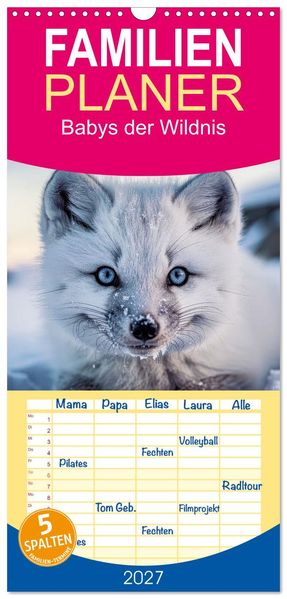 Familienplaner 2027 - Babys der Wildnis mit 5 Spalten (Wandkalender 21 x 45 cm) CALVENDO