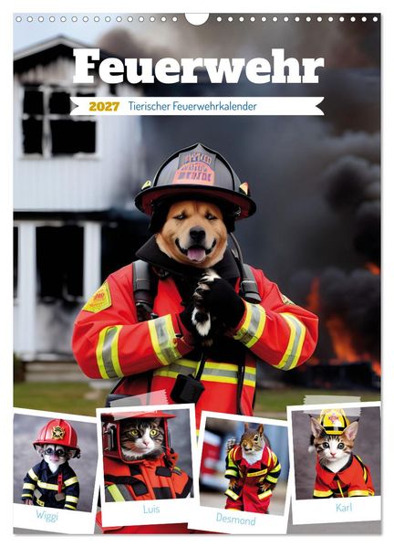 Feuerwehr - Tierischer Feuerwehrkalender (Wandkalender 2027 DIN A3 hoch) CALVENDO Monatskalender