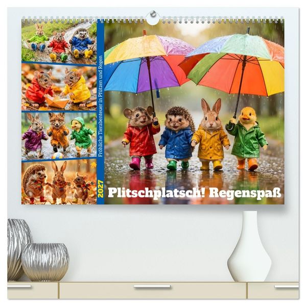 Plitschplatsch! Regenspaß - Fröhliche Tierabenteuer in Pfützen und Regen (hochwertiger Premium Wandkalender 2027 DIN A2 quer) Kunstdruck in Hochglanz