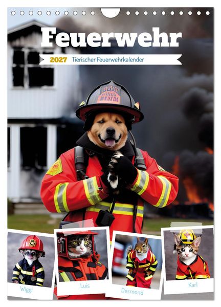 Feuerwehr - Tierischer Feuerwehrkalender (Wandkalender 2027 DIN A4 hoch) CALVENDO Monatskalender
