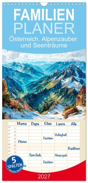Familienplaner 2027 - Österreich. Alpenzauber und Seenträume mit 5 Spalten (Wandkalender 21 x 45 cm) CALVENDO