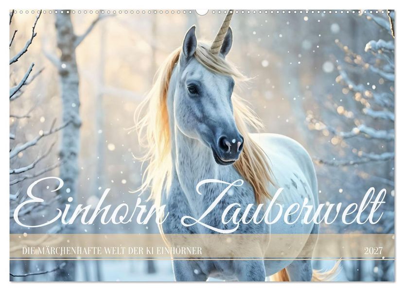 Einhorn Zauberwelt - Die märchenhafte Welt der KI Einhörner (Wandkalender 2027 DIN A2 quer) CALVENDO Monatskalender