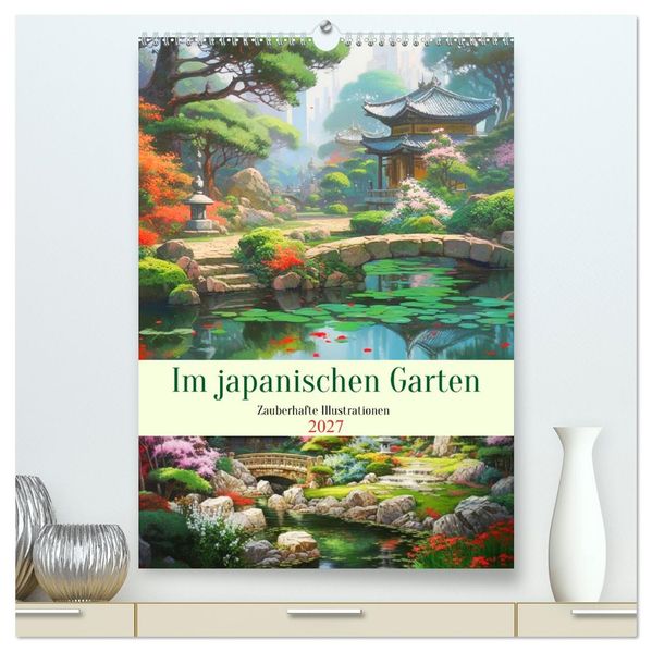 Im japanischen Garten. Zauberhafte Illustrationen (hochwertiger Premium Wandkalender 2027 DIN A2 hoch) Kunstdruck in Hochglanz