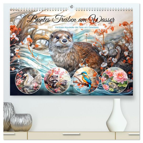 Buntes Treiben am Wasser - Fantasie Aquarelle der Tiere am Gewässer (hochwertiger Premium Wandkalender 2027 DIN A2 quer) Kunstdruck in Hochglanz