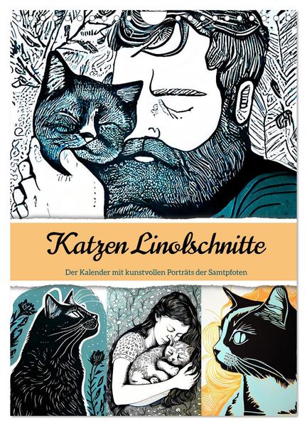 Katzen Linolschnitt - Der Kalender mit kunstvollen Porträts der Samtpfoten (Wandkalender 2027 DIN A4 hoch) CALVENDO Monatskalender