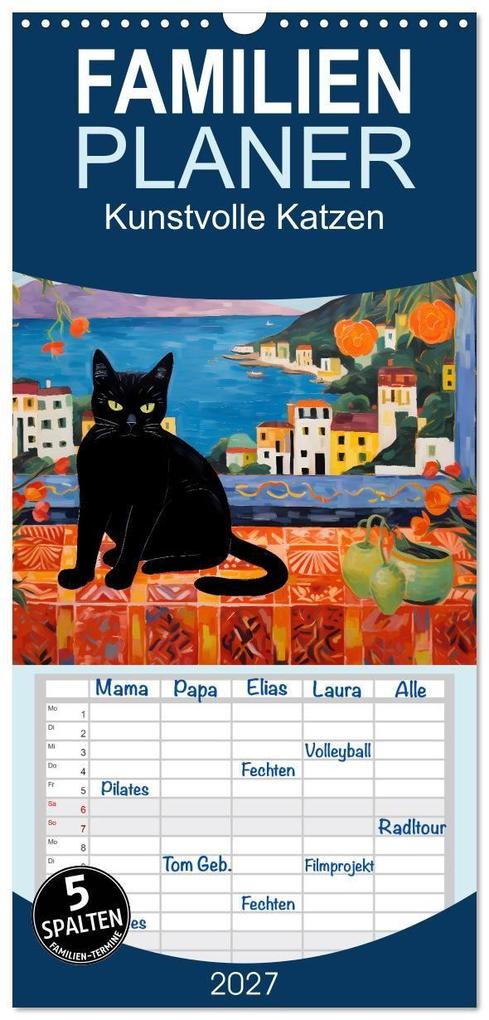 Familienplaner 2027 - Kunstvolle Katzen mit 5 Spalten (Wandkalender 21 x 45 cm) CALVENDO