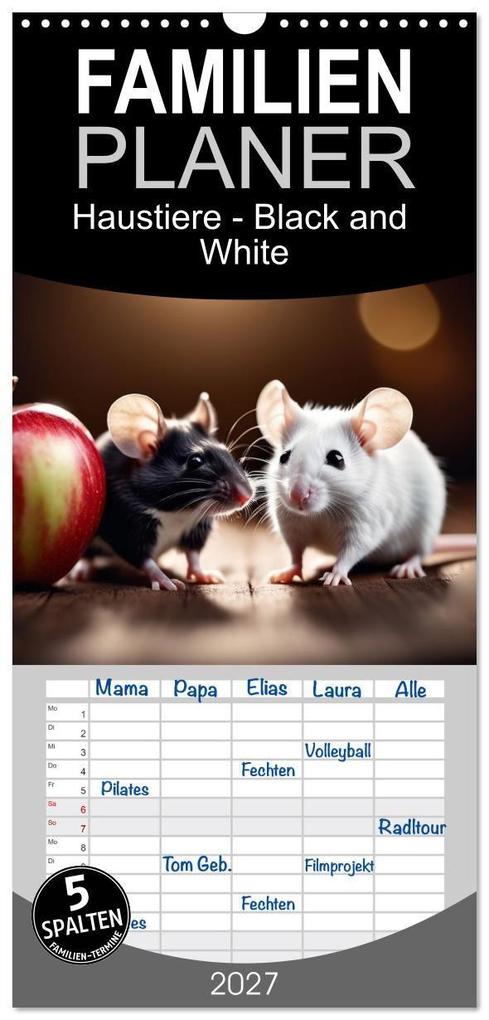 Familienplaner 2027 - Haustiere - Black and White mit 5 Spalten (Wandkalender 21 x 45 cm) CALVENDO