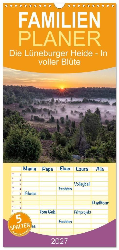 Familienplaner 2027 - Die Lüneburger Heide - In voller Blüte mit 5 Spalten (Wandkalender 21 x 45 cm) CALVENDO