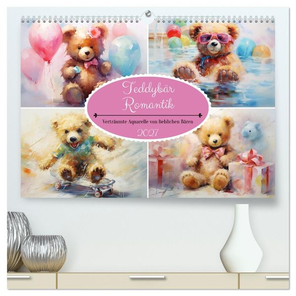 Teddybär Romantik. Verträumte Aquarelle von lieblichen Bären (hochwertiger Premium Wandkalender 2027 DIN A2 quer) Kunstdruck in Hochglanz