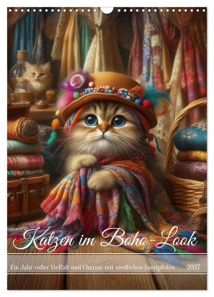Katzen im Boho-Look - Ein Jahr voller Vielfalt und Charme mit niedlichen Samtpfoten (Wandkalender 2027 DIN A3 hoch) CALVENDO Monatskalender