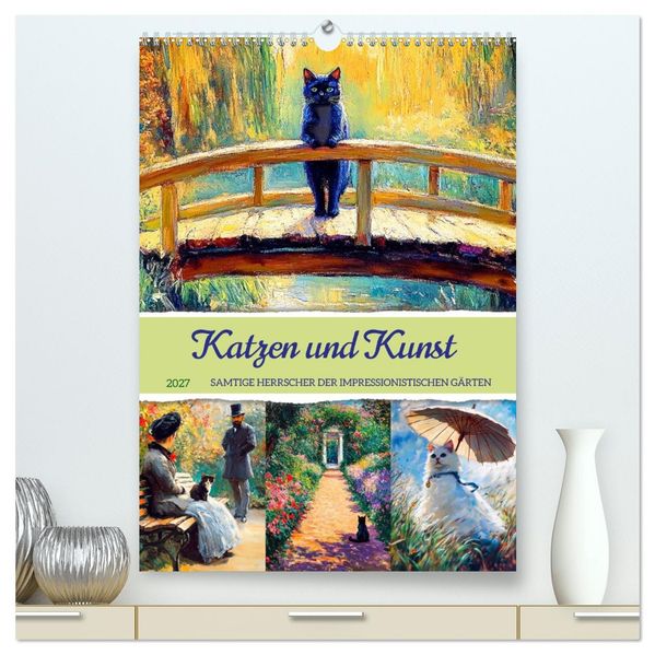 Katzen und Kunst - Samtige Herrscher der impressionistischen Gärten (hochwertiger Premium Wandkalender 2027 DIN A2 hoch) Kunstdruck in Hochglanz