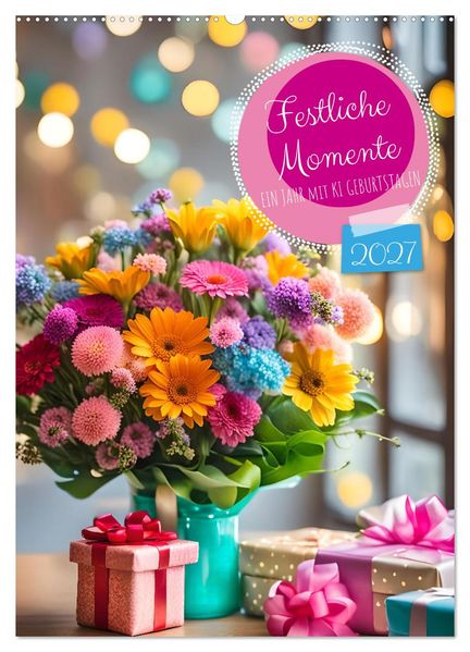 Festliche Momente - Ein Jahr mit KI Geburtstagen (Wandkalender 2027 DIN A2 hoch) CALVENDO Monatskalender