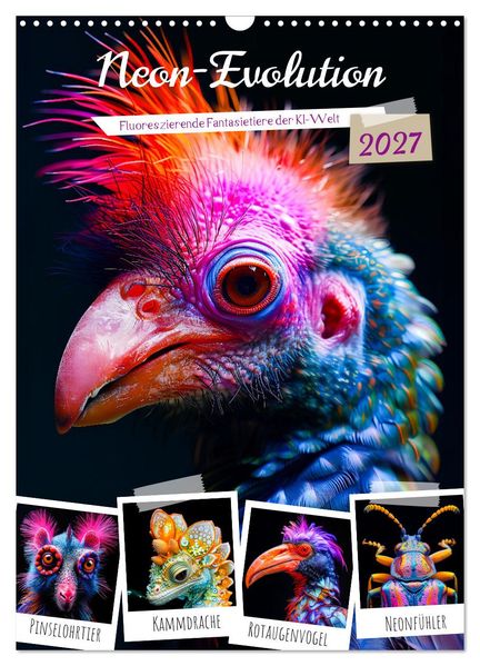 Neon-Evolution - Fluoreszierende Fantasietiere der KI-Welt (Wandkalender 2027 DIN A3 hoch) CALVENDO Monatskalender