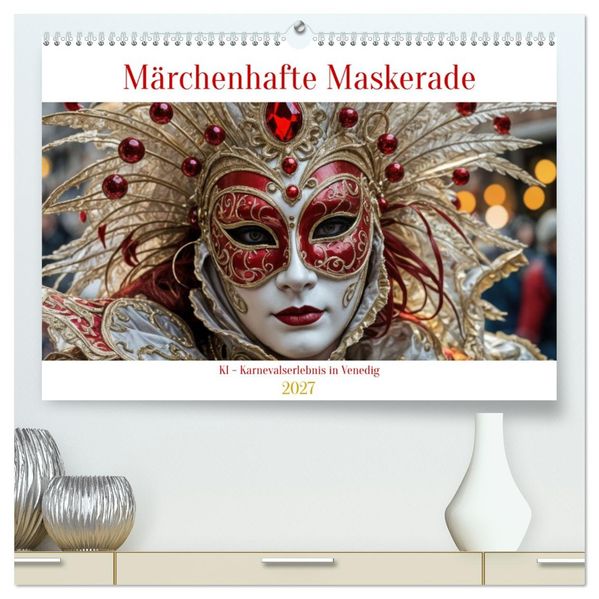 Märchenhafte Maskerade KI - Karnevalserlebnis in Venedig (hochwertiger Premium Wandkalender 2027 DIN A2 quer) Kunstdruck in Hochglanz