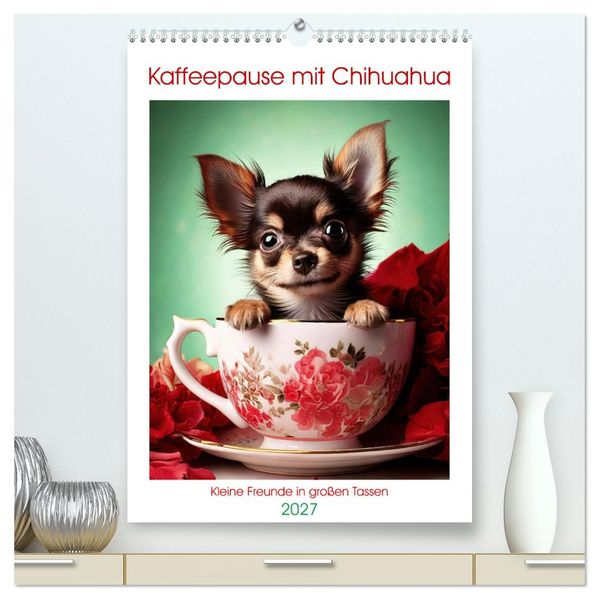 Kaffeepause mit Chihuahua - Kleine Freunde in großen Tassen (hochwertiger Premium Wandkalender 2027 DIN A2 hoch) Kunstdruck in Hochglanz