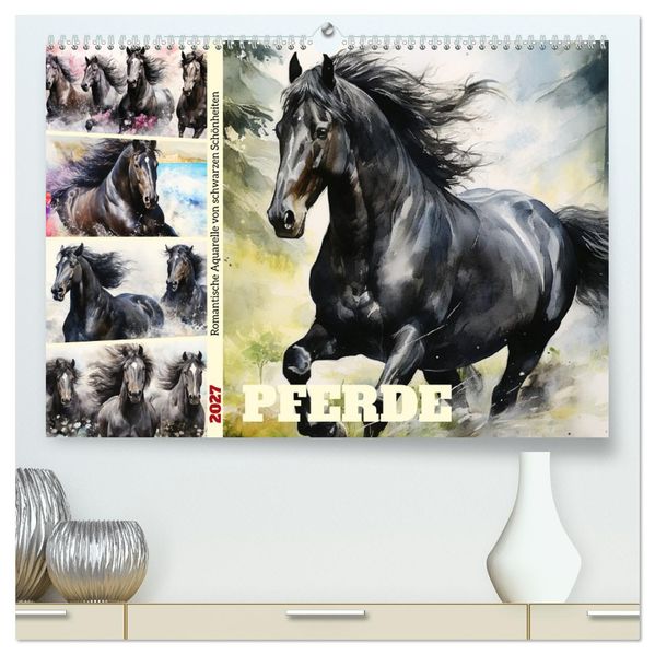 Pferde. Romantische Aquarelle von schwarzen Schönheiten (hochwertiger Premium Wandkalender 2027 DIN A2 quer) Kunstdruck in Hochglanz