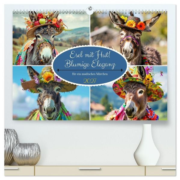 Esel mit Hut! Blumige Eleganz für ein modisches Märchen (hochwertiger Premium Wandkalender 2027 DIN A2 quer) Kunstdruck in Hochglanz