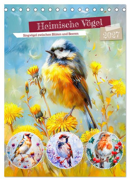 Heimische Vögel - Singvögel zwischen Blüten und Beeren (Tischkalender 2027 DIN A5 hoch) CALVENDO Monatskalender