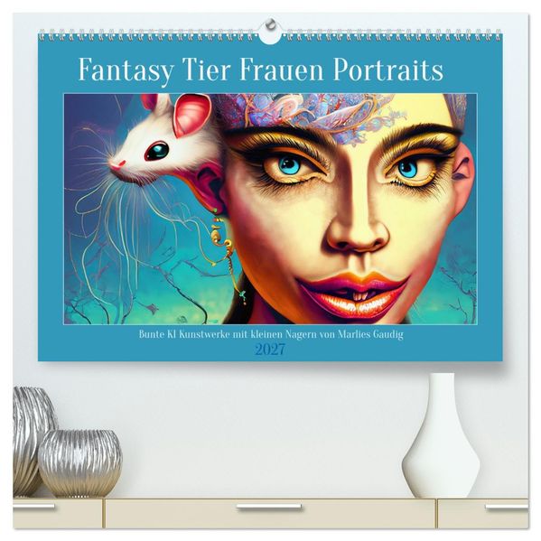 Fantasy Tier Frauen Portraits (hochwertiger Premium Wandkalender 2027 DIN A2 quer) Kunstdruck in Hochglanz
