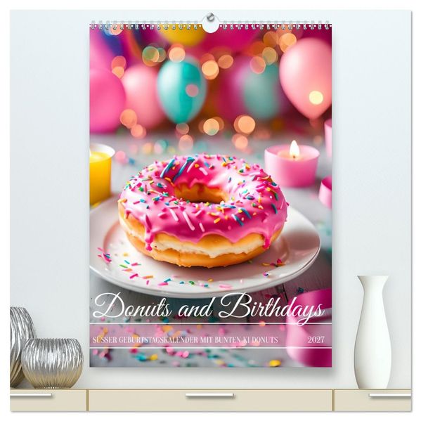 Donuts and Birthdays süßer Geburtstagskalender mit bunte KI Donuts (hochwertiger Premium Wandkalender 2027 DIN A2 hoch) Kunstdruck in Hochglanz
