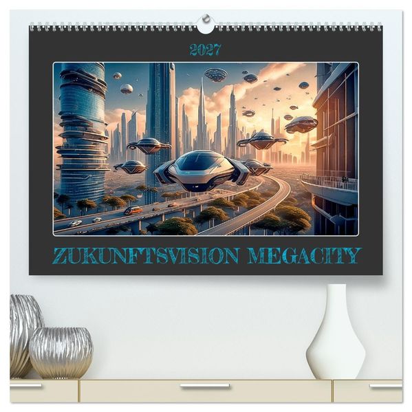 Zukunftsvision Megacity (hochwertiger Premium Wandkalender 2027 DIN A2 quer) Kunstdruck in Hochglanz