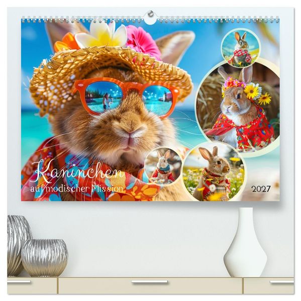 Kaninchen auf modischer Mission (hochwertiger Premium Wandkalender 2027 DIN A2 quer) Kunstdruck in Hochglanz