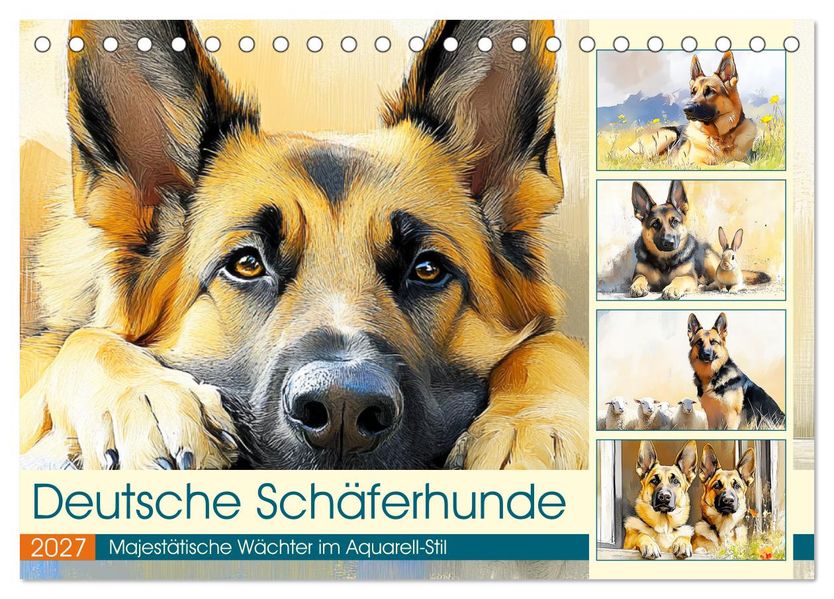 Deutsche Schäferhunde. Majestätische Wächter im Aquarell-Stil (Tischkalender 2027 DIN A5 quer) CALVENDO Monatskalender